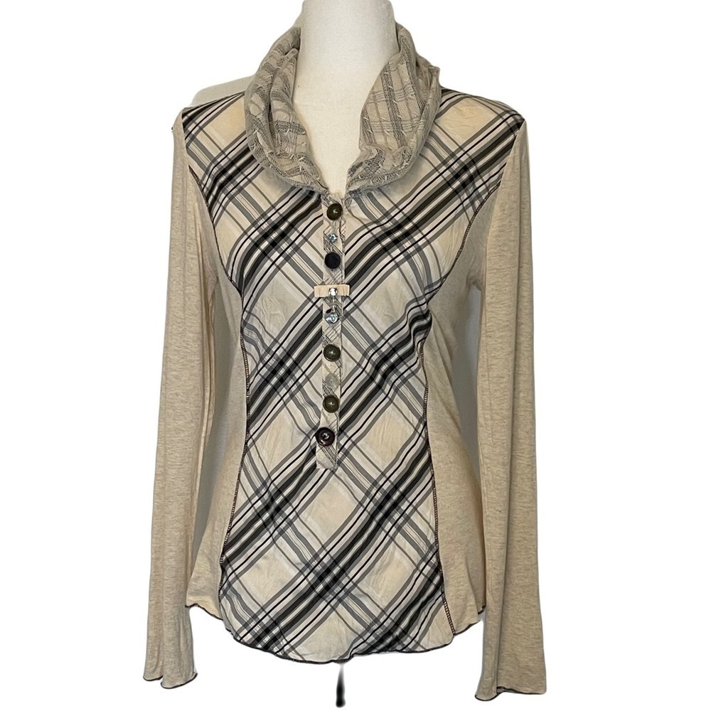 Elisa Cavaletti Plaid High Collar Blouse Size Medium